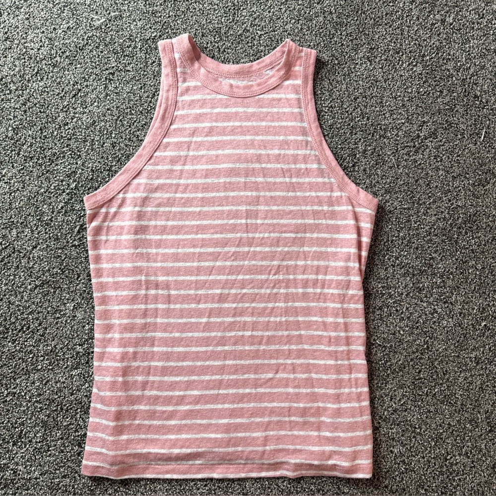 A New Day Tank Top Women's (S) Small Pink Striped Round Neck Linen Blend
